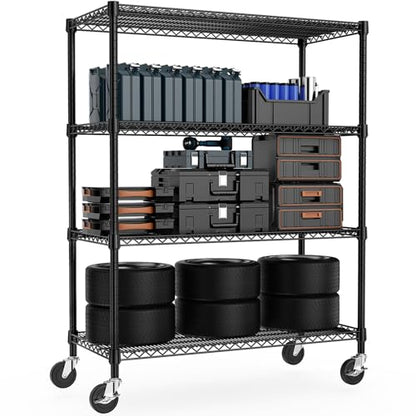 53" W Storage Shelves 1760LBS 4 Tier Metal Shelving Unit with Wheels Heavy Duty Garage Shelving Adjustable Wire Shelves for Pantry