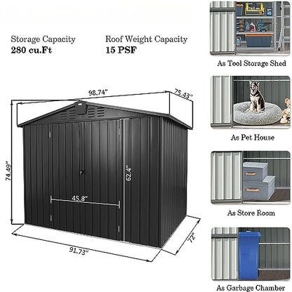 Galvanized Steel Storage Shed 8.2' x 6.2' with Lockable Door