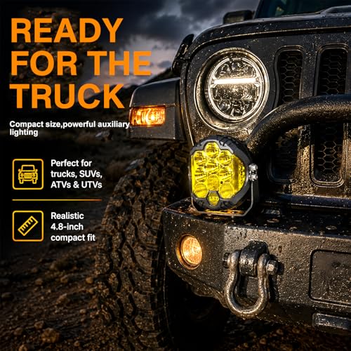 4PCS 7 Inch Yellow Round Side Shooter Offroad Fog Lights Amber DRL 90W 3 Modes 270° Wide Range Super Bright LED Pods Light Kit for Pickup Truck ATV UTV SUV with Wiring Harness 4 Leads