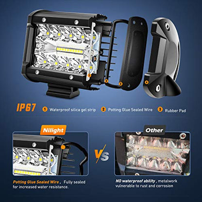 LED Light Bar 2PCS 60W 4 Inch Flood Spot Combo LED Work Light Pods Triple Row Work Driving Lamp with 12 ft Wiring Harness kit