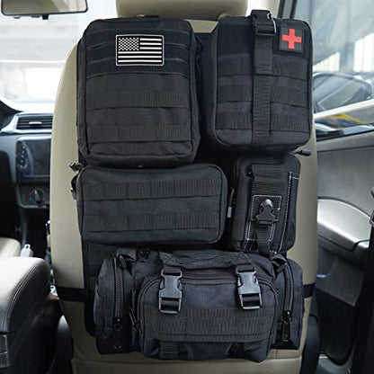 Universal Tactical Car Seat Back Organizer Bag Tactical Molle Vehicle Organizers Panel Vehicle Protector Organizers with 5 Detachable Pouches for Car Truck Ford Jeep