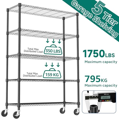 1750LBS 47.2" W 5 Tiers Storage Shelves Metal Shelving Unit with Wheels Heavy Duty Garage Shelving Adjustable Wire Shelves for Pantry