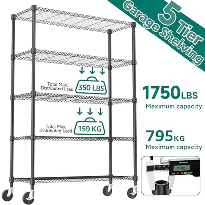 1750LBS 47.2" W 5 Tiers Storage Shelves Metal Shelving Unit with Wheels Heavy Duty Garage Shelving Adjustable Wire Shelves for Pantry