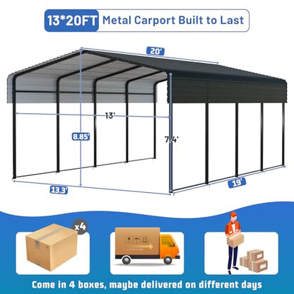 Metal Carport 13 * 20 FT Heavy Duty Carport Canopy with Galvanized Steel Roof Multi