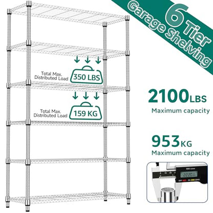 2100LBS 47.2" W 6 Tiers Shelf Storage Shelves Metal Shelving Unit Heavy Duty Garage Shelving Adjustable Wire Shelves for Pantry
