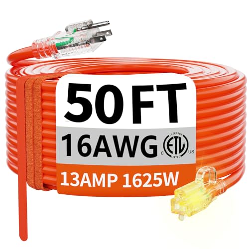 Indoor Outdoor Orange Extension Cord 50 FT with Lighted 16 Gauge