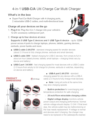 Ulti Charge Car Phone Charger 120W Fast Charging Retractable Cigarette Lighter USB C Charger