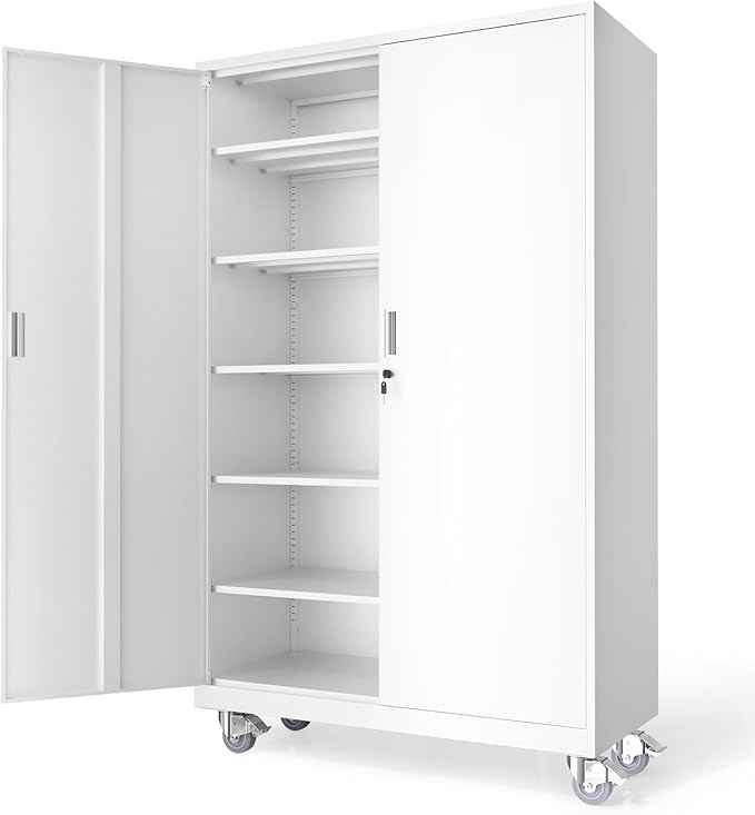 VINGLI Large Metal Storage Cabinet with 2 Doors and 5 Adjustable Shelves, Upgraded Height & Wide & Deep, 43''W x 20''D x 72''H, Oversized Garage Storage Cabinet with Wheels and Locks (White)