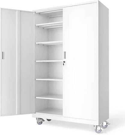 VINGLI Large Metal Storage Cabinet with 2 Doors and 5 Adjustable Shelves, Upgraded Height & Wide & Deep, 43''W x 20''D x 72''H, Oversized Garage Storage Cabinet with Wheels and Locks (White)