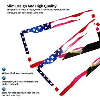 American Flag License Plate Frame American Flag License Plate Holder America Eagle License Plate Frame Covers US Car Tag Frame Stainless Aluminum 2 Pack 2 Holes Decorative 2 Pcs Set for Men