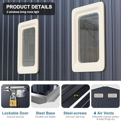 10x12 FT Outdoor Metal Storage Shed with Unique Base Sunroof Window Lockable Door Vent