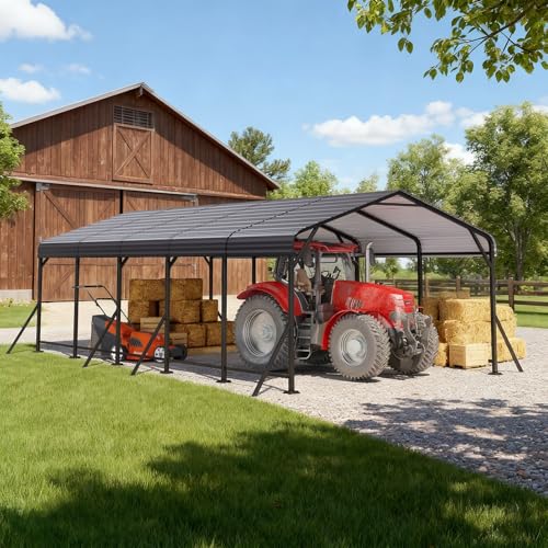 13x26 Metal Carport Heavy Duty Carport Canopy with Upgraded Triangular Reinforced Base Galvanized Steel Roof Car Port Garage Shelter for Vehicle Boat Tractor Storage Grey