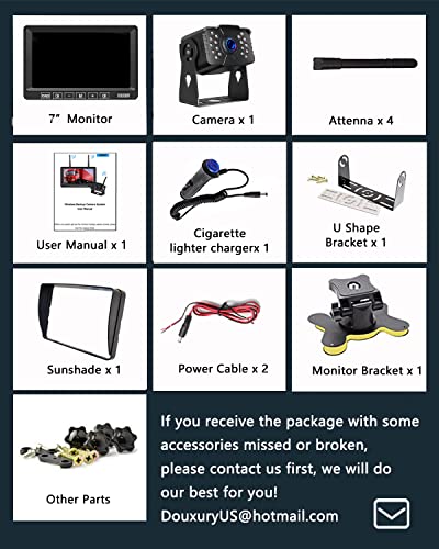 RV Backup Camera Wireless DOUXURY IP69 Waterproof 170° Wide View Angle HD 1080P Rear View Camera + HD LCD 7" Monitor