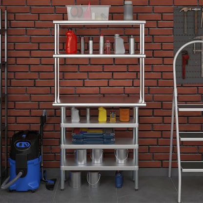 14" x 36" Stainless Steel Work Table with 3 Shelves and 12" Wide Double Tier Overshelf