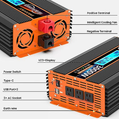 3000 Watt Pure Sine Wave Power Inverter 24V DC to 110V 120V Converter for Family RV Off Grid Solar System Car with Type