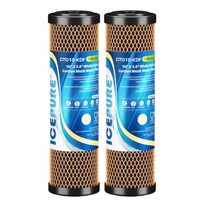 1 Micron 2.5" x 10" Whole House Water Filter Coconut Shell Activated CTO Carbon and KDF Cartridge for Home (2 Count)