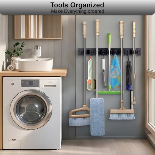 Broom Holder Wall Mount With 5 Slots & 4 Hooks