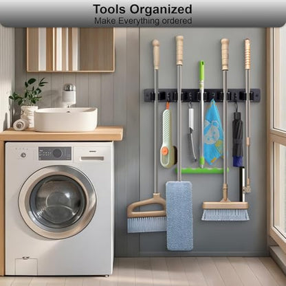 Broom Holder Wall Mount With 5 Slots & 4 Hooks