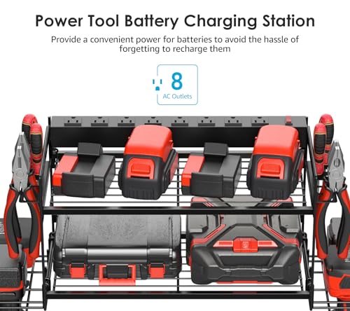Garage Tools Storage with Charging Station. Power Tool Battery Organizer Utility Shelf with Power Strip. 4 Drills Holder Wall Mount Rack (5.4 Count)