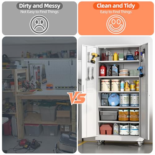 71" White Metal Storage Cabinet with Wheels and Pegboard