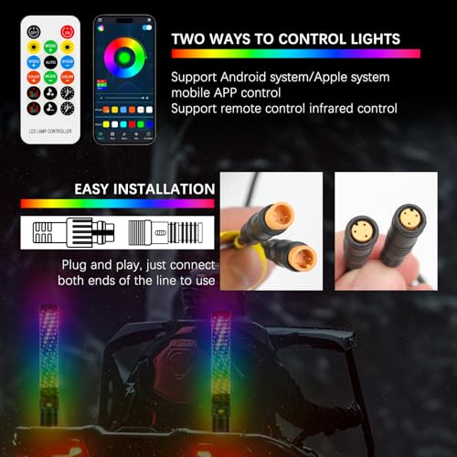2PCS 1FT Fat Spiral Led Whip Lights with APP&Remote Control RGB Chasing Dancing Lighted Antenna Whips Compatible with Can (2 Count)