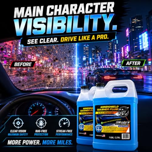 2-in-1 Windshield Washer Fluid 2-Pack (1 Gallon Each, 256 fl oz Total) – Ready to Use, Streak-Free Formula, All-Weather Cleaning, Removes Bugs, Dirt & Road Grime – Premium Windshield Cleaner (256 Fl Oz)