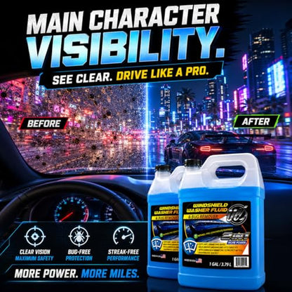2-in-1 Windshield Washer Fluid 2-Pack (1 Gallon Each, 256 fl oz Total) – Ready to Use, Streak-Free Formula, All-Weather Cleaning, Removes Bugs, Dirt & Road Grime – Premium Windshield Cleaner (256 Fl Oz)