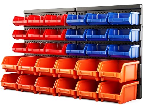 Wall Mounted Storage Bins Parts Rack 30PC Organizer Garage Plastic Shop Tool for Men's Gift (30 Count)