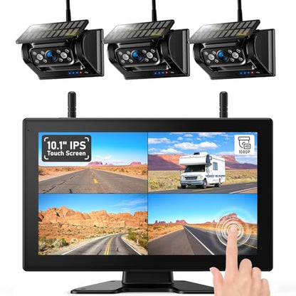 3 Magnetic Solar Wireless Backup Camera HD1080P Loop Recording 10.1 Inch Touchscreen Monitor