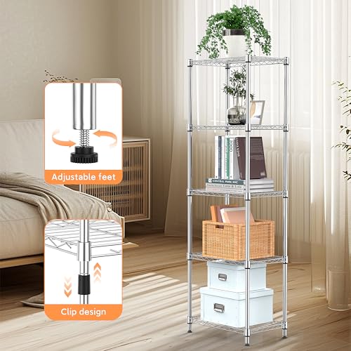 5 Tiers Shelf Metal Storage Shelves Wire Rack Closet Organizers for Garage Kitchen Bathroom Laundry Chrome 11.8" D x 17.7" W x 55" H (5 Count)
