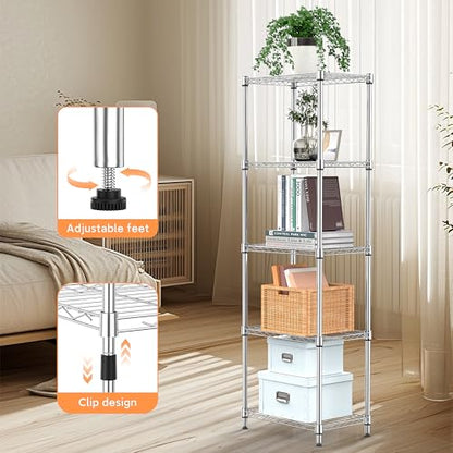 5 Tiers Shelf Metal Storage Shelves Wire Rack Closet Organizers for Garage Kitchen Bathroom Laundry Chrome 11.8" D x 17.7" W x 55" H (5 Count)