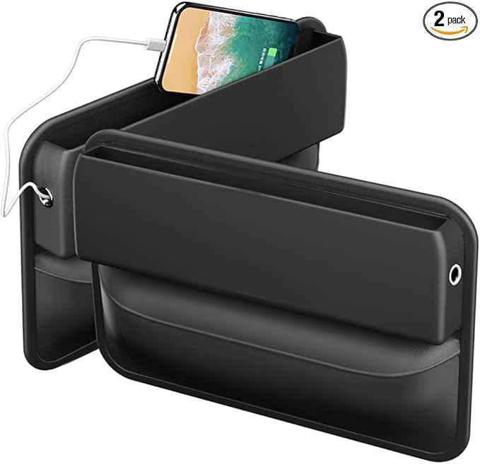 Car Seat Gap Filler Organizer,2 Packs Premium PU Leather Storage Box No Slip Pad Compatible with Phone Key Wallet Phone Sunglasses Pockets Seat Catcher Holders Console Side Organizers