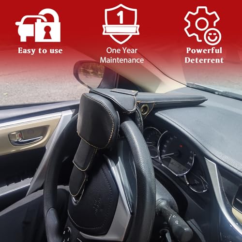 Leather Car Steering Wheel Lock Anti Theft Device Adjustable Length Fit for Cars Trucks Vans and SUVs with 2 Keys Leather Cover & Reinforced Steel Core Scratch