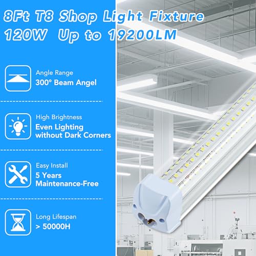 10PCS 8FT LED Shop Lights 120W 19200LM 6500K T8 V (10 Count)