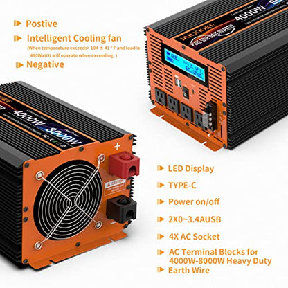 4000 Watt Pure Sine Wave Power Inverter 12V DC to 110V 120V Converter for Family RV Off Grid Solar System Car with Type
