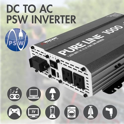EL3804 Pure Line Inverter 1000 Watt DC 12V to 110V AC Car Pure Sine Wave Power Inverter for Home RV Camping Van Life Off Grid ETL Certified