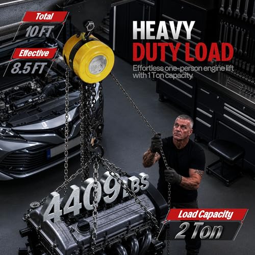 Hand Chain Hoist 2 Ton 4400 Lbs Capacity 10 Feet with 2 Hooks