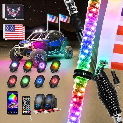 RGB LED Whip Light 2PCS 3FT with 8 Rock Lights Combo