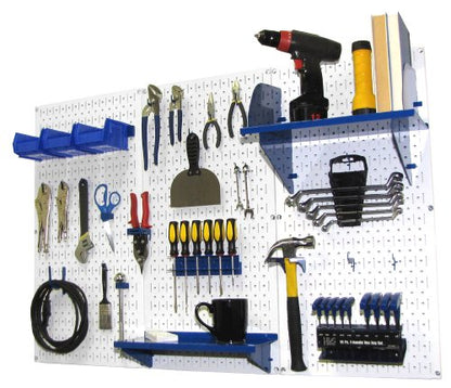 Pegboard Organizer 4 ft. Metal Pegboard Standard Tool Storage Kit with White Toolboard and Blue Accessories
