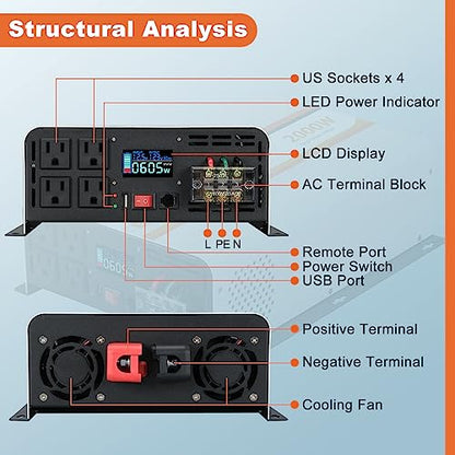 2000W Pure Sine Wave Inverter 12V DC to 120V AC Converter for Vehicles Boat Camping Outdoor Solar System