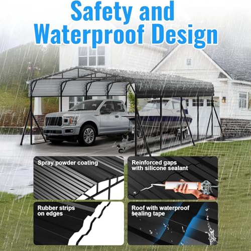 20x20FT Heavy Duty Metal Carport with Side Support Poles for All Weather