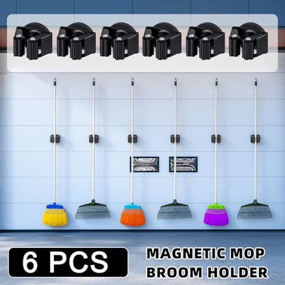 6 Pcs Magnetic Broom Holder Wall Mounted Anti Slip Rack (6 Count)