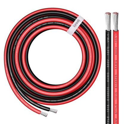 6 Gauge Wire iGreely 10 FT Red & 10 FT Black 6 Gauge Tinned Copper Electrical Wire Cable for Car Audio Automotive Trailer Marine Harness Wiring 6AWG 10Ft (20 Foot)