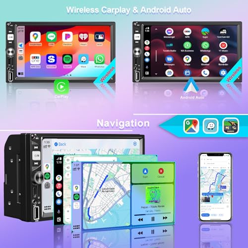 7 Inch Double Din Car Stereo Wireless Apple CarPlay Android Auto Radio