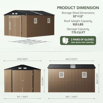 Upgrade 10x12 FT Outdoor Metal Storage Shed with Floor Frame