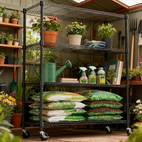 1400LBS 47.2" W 4 Tiers Storage Shelves Metal Shelving Unit with Wheels Heavy Duty Garage Shelving Adjustable Wire Shelves for Pantry