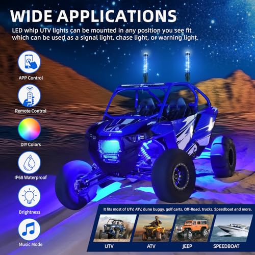 2Pack 1FT Fat Whip Lights New Upgraded Spiral LED Whip Light with Strobe Light RGB Chasing Dancing Lighted Antenna Whips W (2 Count)