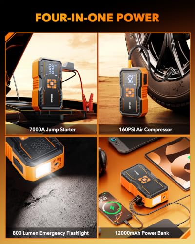 7000A Jump Starter with Air Compressor 160 PSI for All Gas