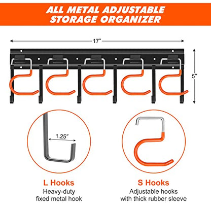 17'' All Metal Garden Tool Organizer Adjustable Garage Tool Organizer Wall Mount Garage Organizers and Storage with Heavy Duty Hooks Tool Hangers for Garage Wall