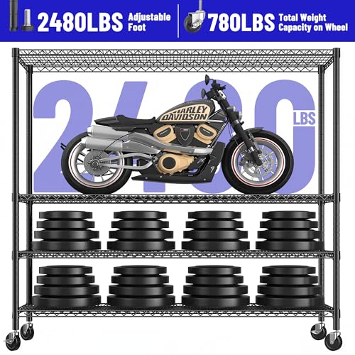 55.52''W Storage Shelves 2480LBS Wire Shelving Unit with Wheels Heavy Duty Metal Shelves for Storage Adjustable Garage Storage Rack Kitchen Shelving (4 Count)